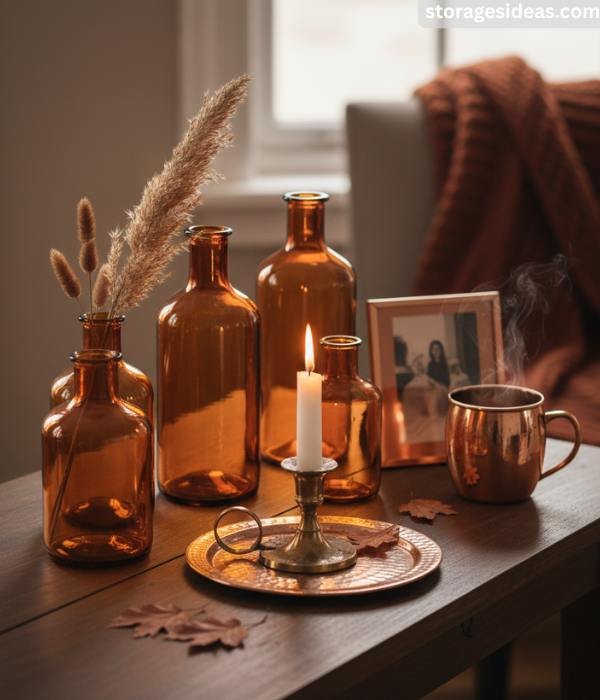 12 Cozy Autumn Décor Ideas for Small Apartments You’ll Love in 2025 7 Decorate with Amber Glass and Copper Accents