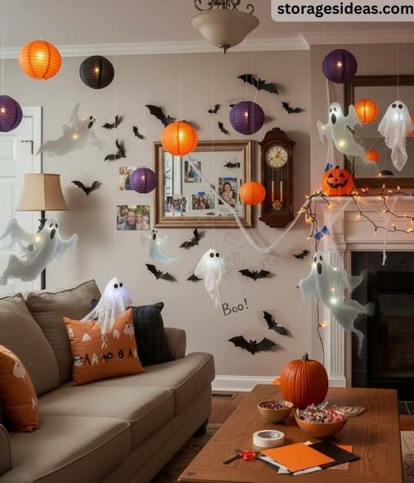 10 Apartment-Friendly Halloween Decorations That Save Space 2 Hang Ghosts and Lanterns
