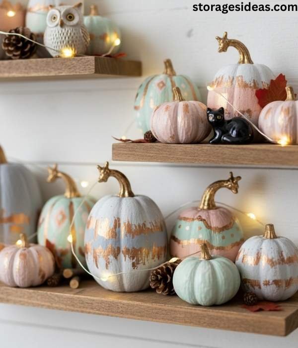 15 DIY Pumpkin Décor Ideas for Small Apartments For 2025 1 Mini Painted Pumpkins on Shelves