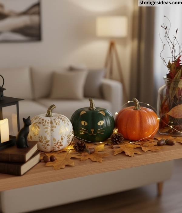 15 DIY Pumpkin Décor Ideas for Small Apartments For 2025 13 Pumpkin Shelf Vignettes