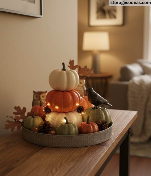 10 Cozy Fall Décor Ideas for Small Living Rooms in 2025 6 Pumpkin and Gourd Displays