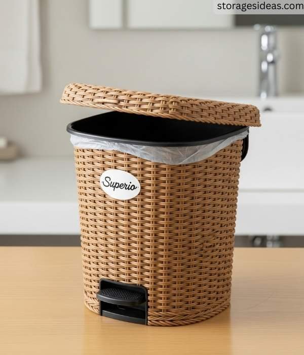 Superio Mini Trash Can with Foot Pedal Wicker Weave Plastic