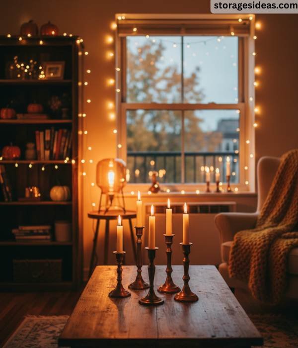 12 Cozy Autumn Décor Ideas for Small Apartments You’ll Love in 2025 2 Use Soft Lighting with String Lights and Candles