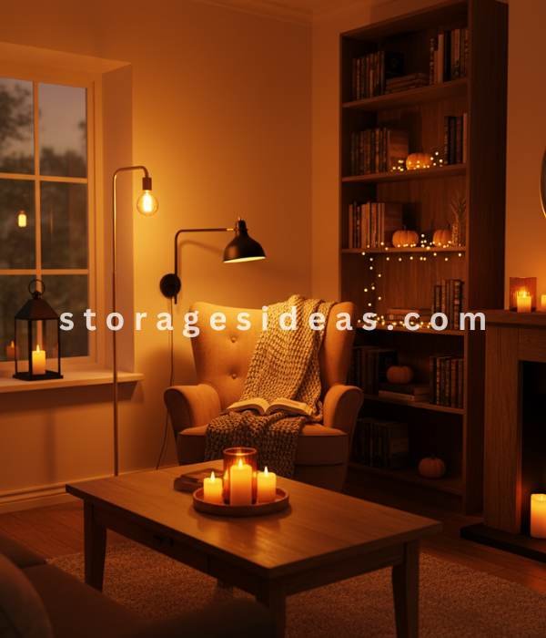 10 Small Living Room Fall Décor Ideas to Make the Season Feel Big for 2025 2 A Warm Layered Lighting Plan