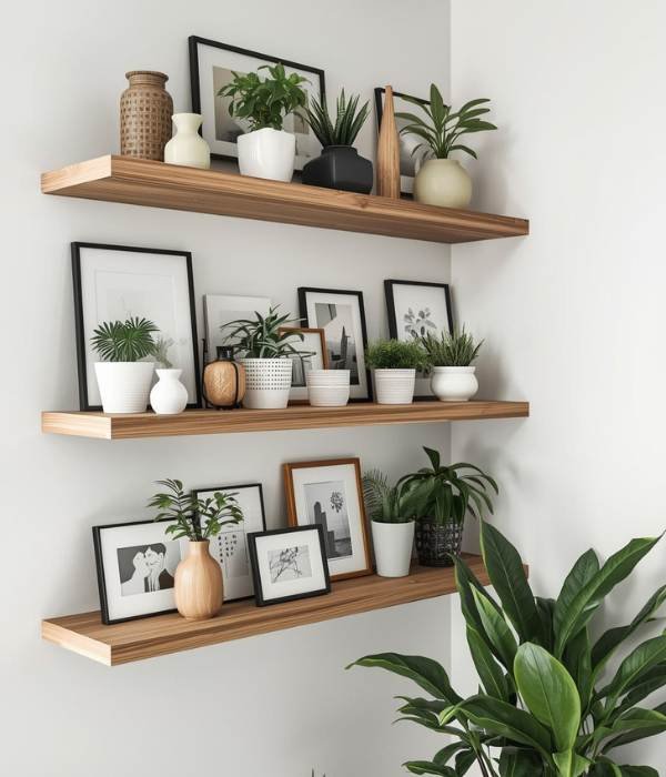 8 Genius Tiny Home Wall Art Ideas for a Bigger, Brighter Feel 6 Floating Shelves with Layered Art