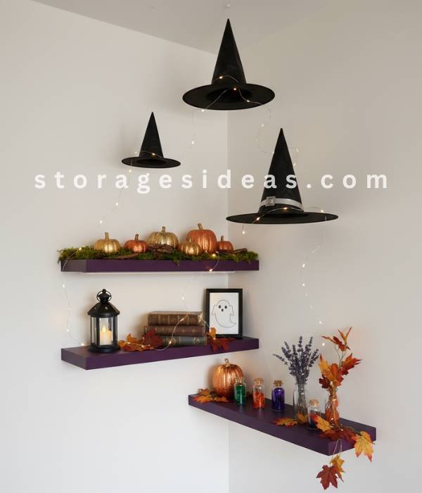 9 DIY Halloween Wall Décor Ideas to Transform Your Apartment This Fall 2025 1 Floating Witch Hat Shelves