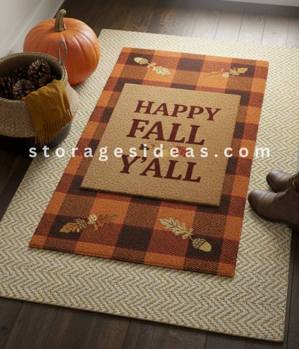 5 Creative Small Entryway Thanksgiving Décor Ideas 2025 1 Layer a Cozy Welcome Mat and Seasonal Rug