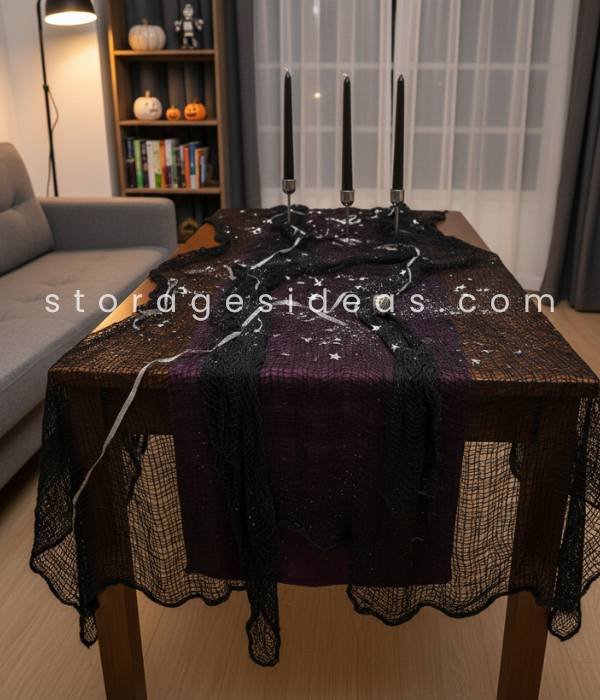 8 Creative Halloween Table Décor Ideas for Small Spaces That Make a Big Impact 1 Layered Textiles in Moody Colors