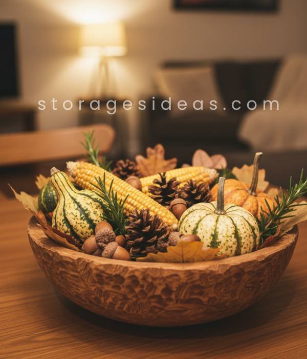12 Easy DIY Thanksgiving Centerpieces for Apartments 7 Textured Wooden Bowl