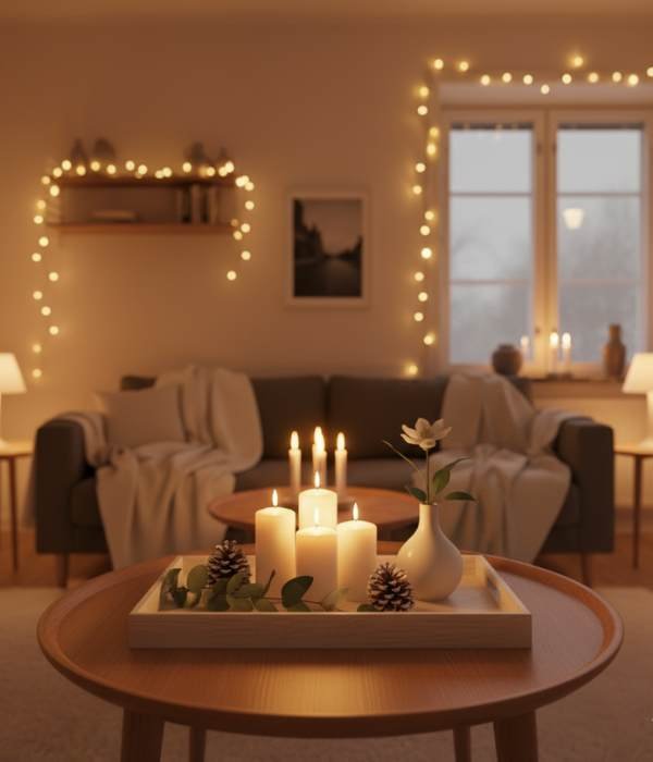 12 Stunning Cozy Winter Décor Ideas for Apartments That Feel Like Home 3 Use Trays Tiered Decor as Mini Vignettes