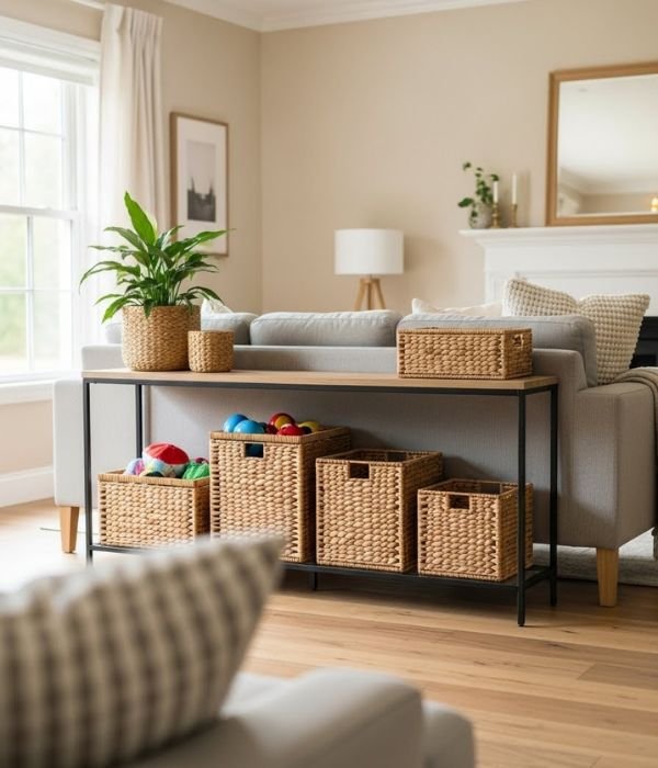 DIY Toy Storage for The Living Room: 15 Easy Ways I Keep My Space Tidy Without Losing My Mind 11 A Narrow Storage Console Behind the Sofa