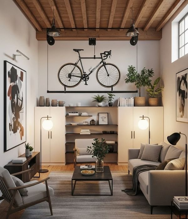 Smart & Stylish Ways to Create a Living Room With Bike Storage 3 Ceiling Mounted Options for Rooms With Higher Ceilings