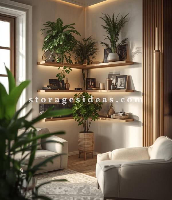 Brilliant Corner Storage Ideas for the Living Room 1 Floating Corner Shelves