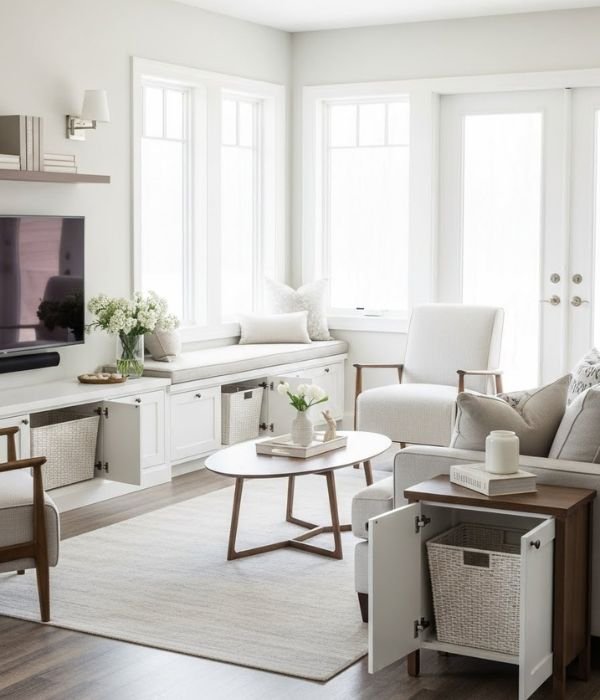 Hidden Basket Storage for a Visually Calm Living Room