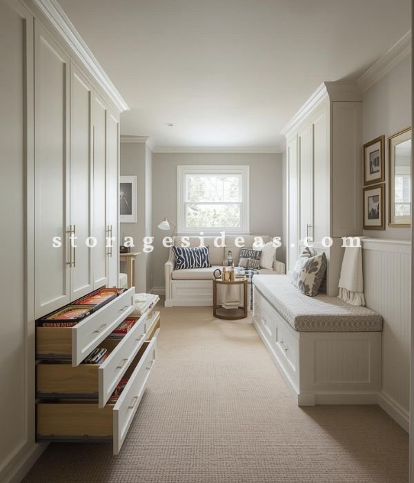 Hidden Storage for a Cleaner More Flexible Living Room