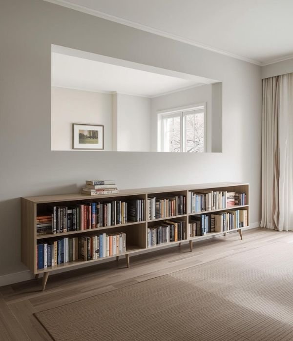 Low and Horizontal Book Storage That Opens Up the Room