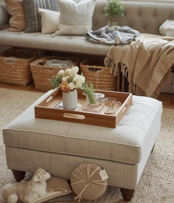 7 Brilliant Benches and Ottomans for the Living Room That Actually Earn Their Space 6 Multi Use Bench and Ottoman Setups