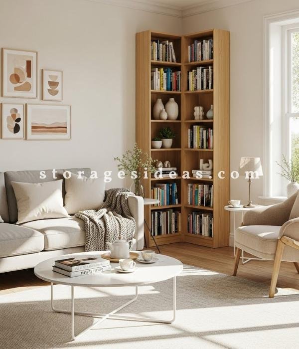 Brilliant Corner Storage Ideas for the Living Room 6 Slim Vertical Corner Bookcase