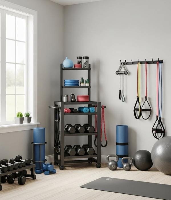 Workout Equipment Storage in the Home: 10 Genius Ways I Finally Got My Space Under Control 7 The Rolling Cart That Became My Mobile Gym