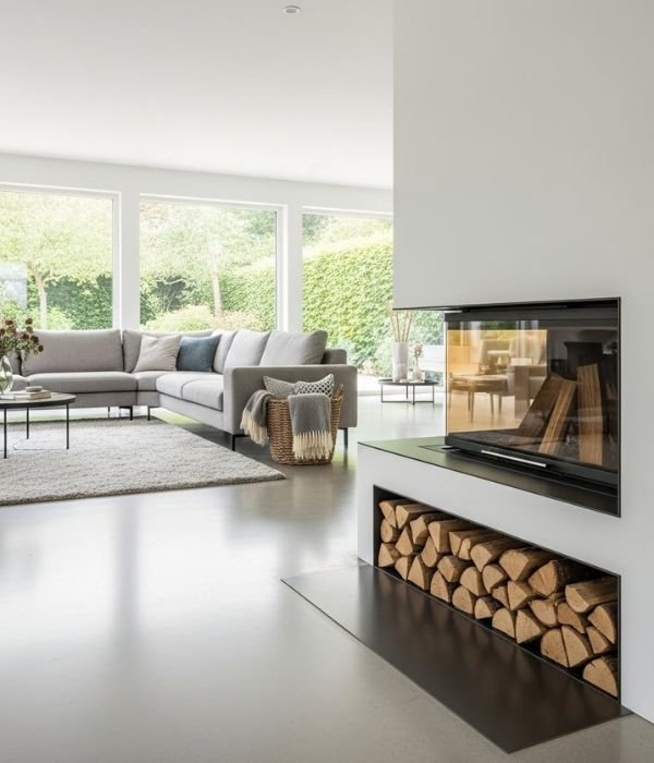 Wide angle living room showing a designated log drop zone near the fireplace or entry point small contained rack or tray holding recently brought in firewood rest of room clean and organized re