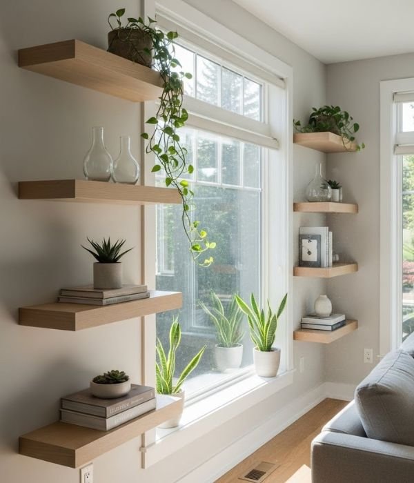 Wall Storage Living Room Ideas: 13 Brilliant Ways to Organize and Refresh Your Space 11 Window Frame Shelving Around Windows