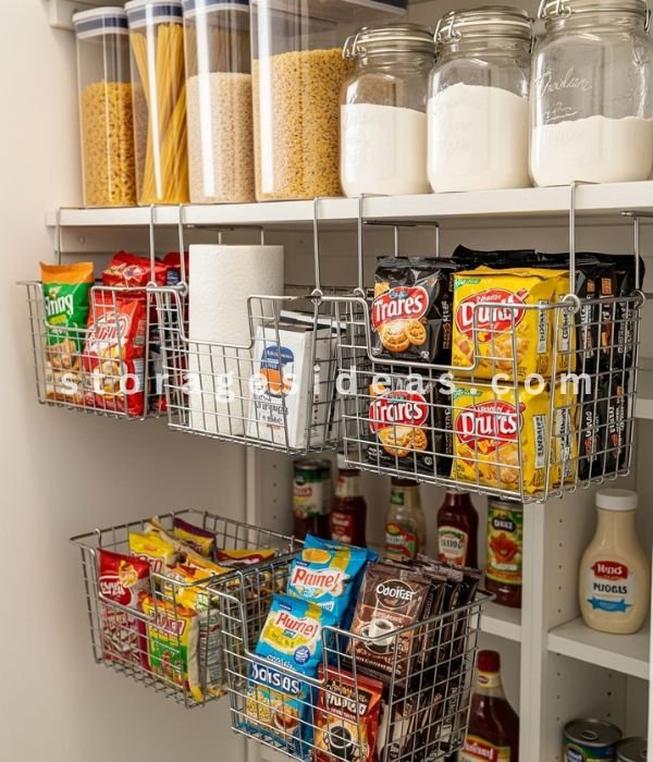12 Smart Narrow Pantry Storage Ideas That Use Every Inch of Space 9 Hanging Baskets Under Shelves