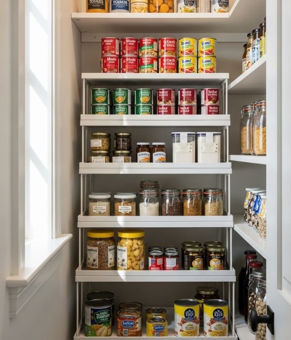 12 Smart Narrow Pantry Storage Ideas That Use Every Inch of Space 6 Shelf Risers