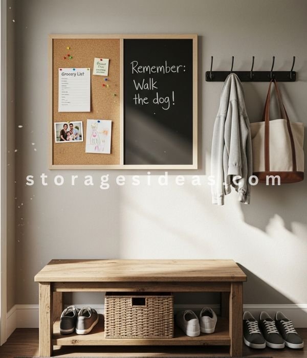 A Corner Mudroom Bench with Chalkboard