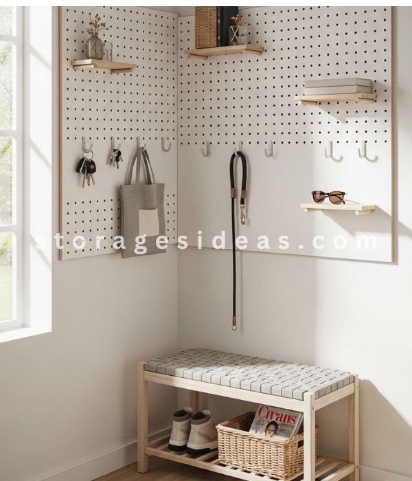 Corner Mudroom with a Pegboard