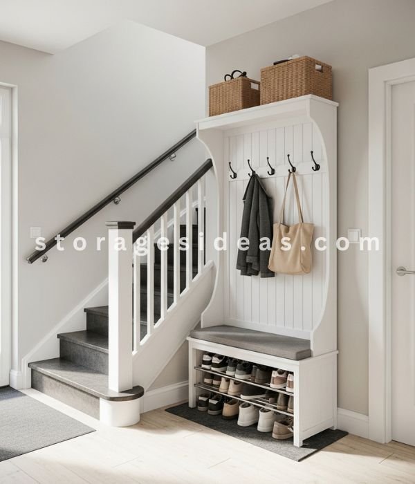 Under Stair Corner Mudroom Storage