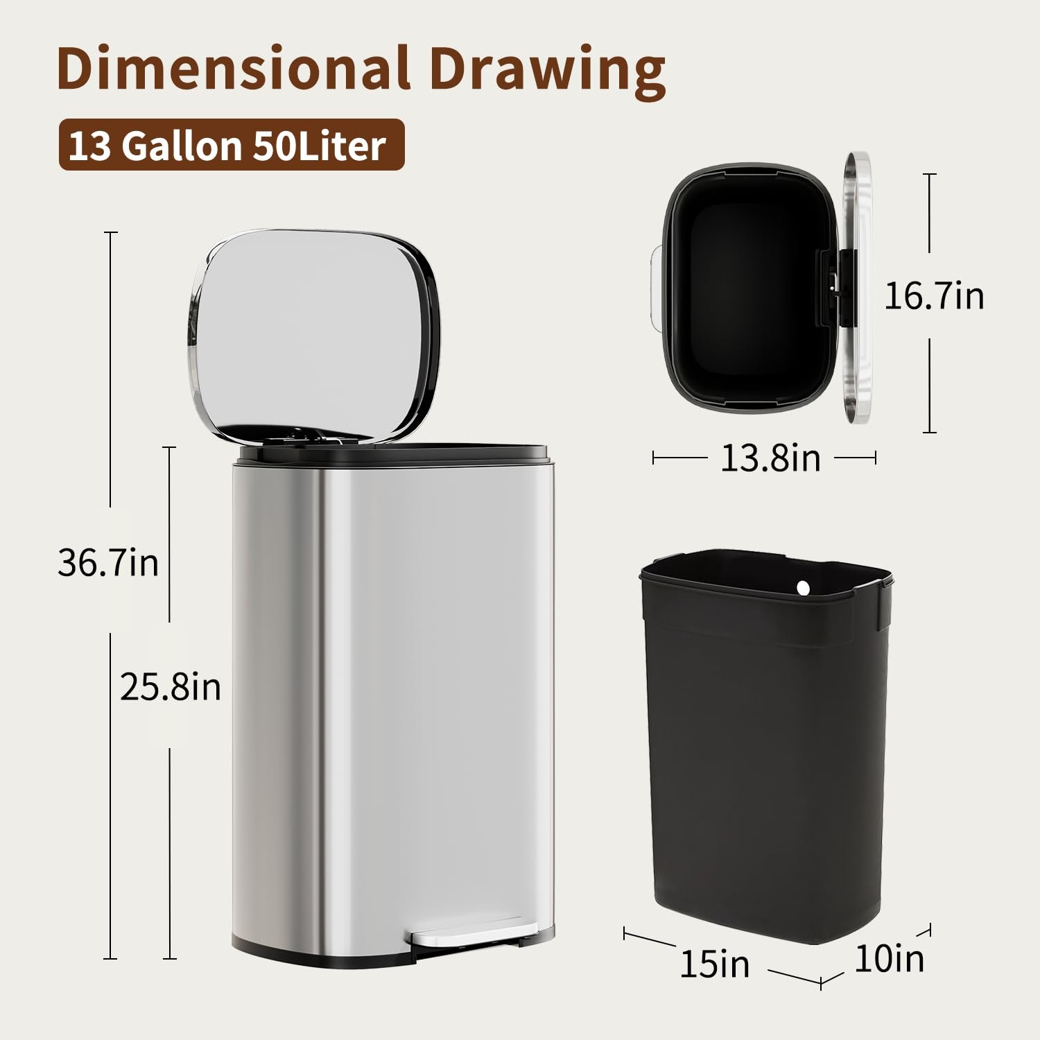 PayLessHere 13 Gallon Stainless Steel Trash Can with Lid and Foot Pedal
