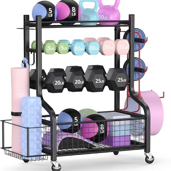 PLKOW Dumbbell Rack Weight Storage for Home Gym with Wheels and Hooks