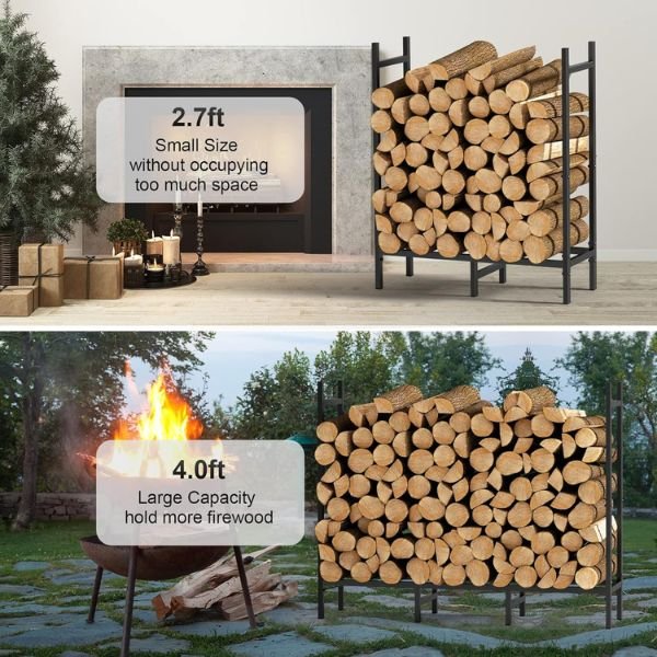 4FT Firewood Rack Indoor Outdoor Heavy Duty Log Holder Stand Black Steel