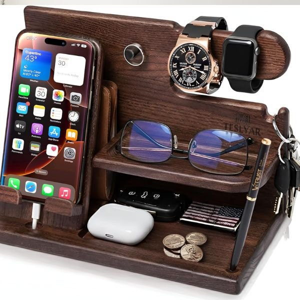 TESLYAR Wood Phone Docking Station Desk Organizer Bourbon Brown