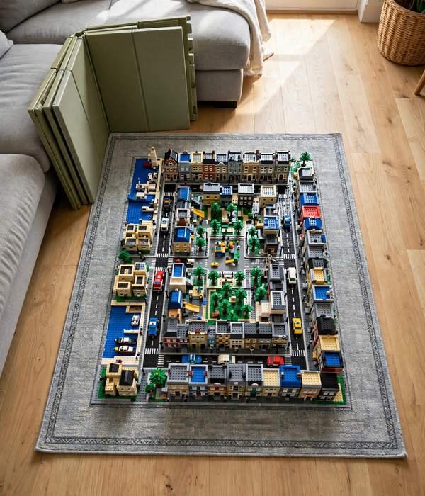 30 Toy Storage Ideas for Bedrooms, Playrooms and Living Rooms 19 A Dedicated “Build Zone” Rug or Mat