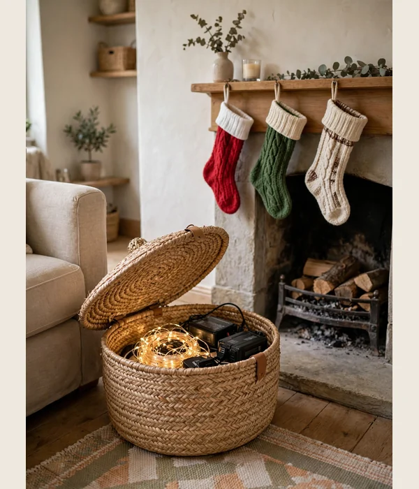 12 Christmas Mantel and Shelf Decor Ideas for Small Living Rooms 10 A Lidded Basket Under the Mantel