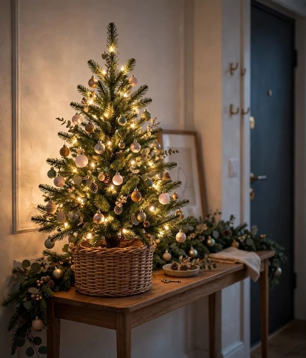 10 Christmas Entryway Decor Ideas for Small Spaces 10 Mini tabletop Christmas tree on an entryway console