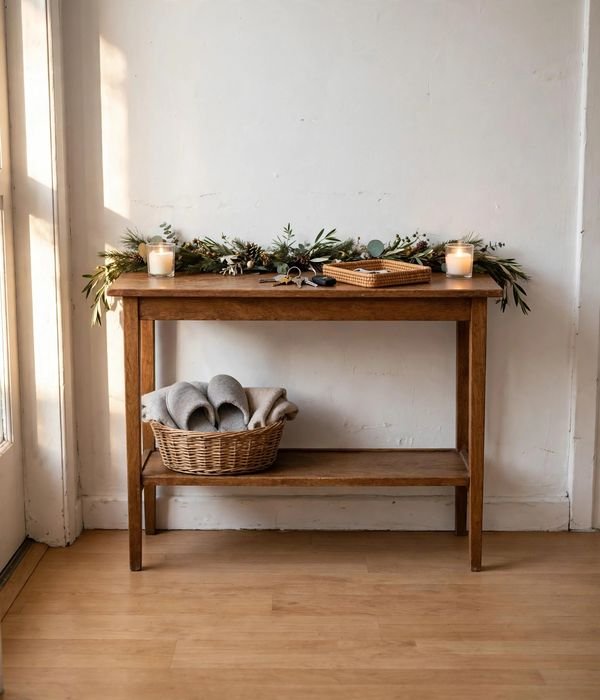 10 Christmas Entryway Decor Ideas for Small Spaces 3 Slim console table with Christmas garland in a small entryway