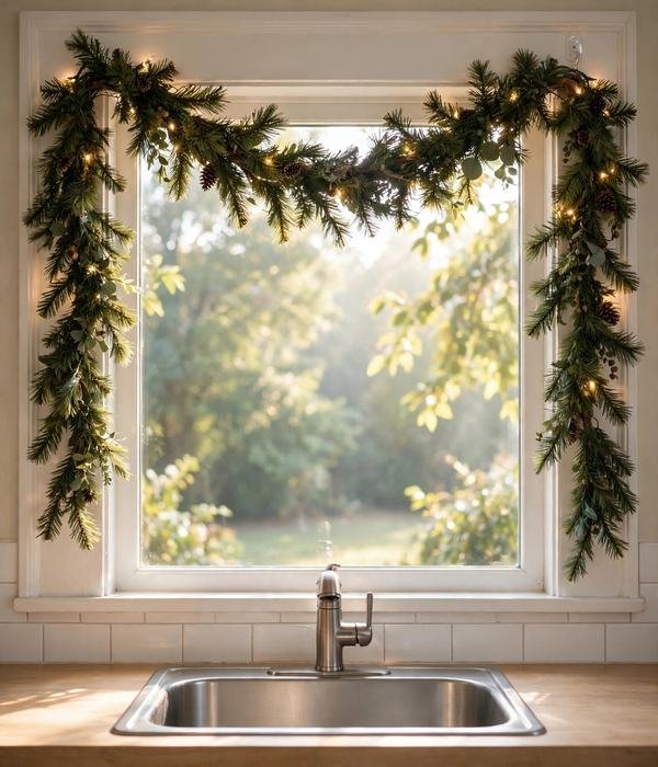 10 Christmas Kitchen Decor Ideas That Don't Clutter Counters 3 A Window Garland Swag – christmas kitchen decor
