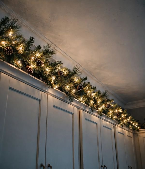 10 Christmas Kitchen Decor Ideas That Don't Clutter Counters 6 Above-Cabinet Greenery and Lights – christmas kitchen decor