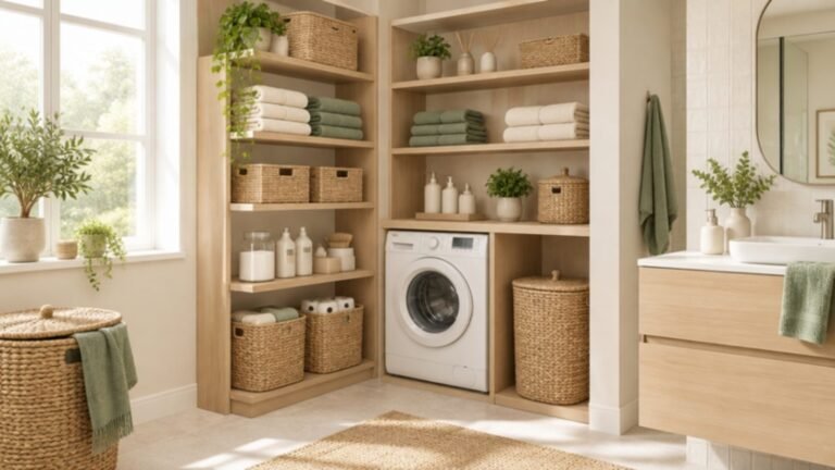 Laundry and bathroom corner with shelves and baskets