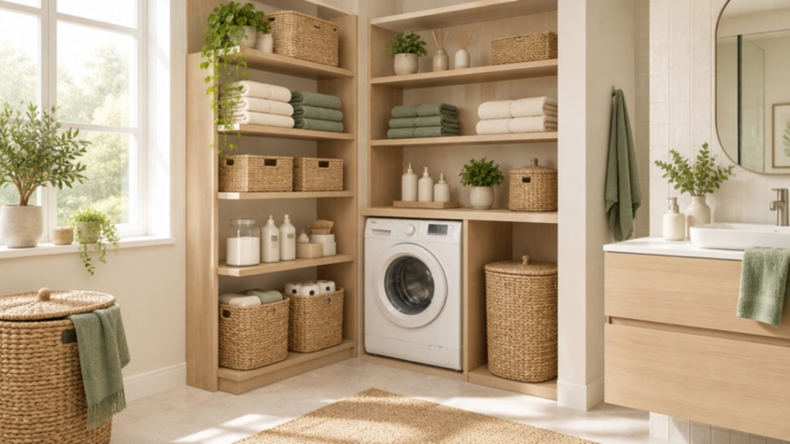 Laundry and bathroom corner with shelves and baskets