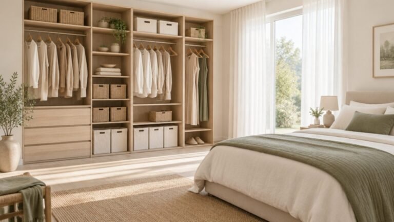 Bedroom with an organized open closet