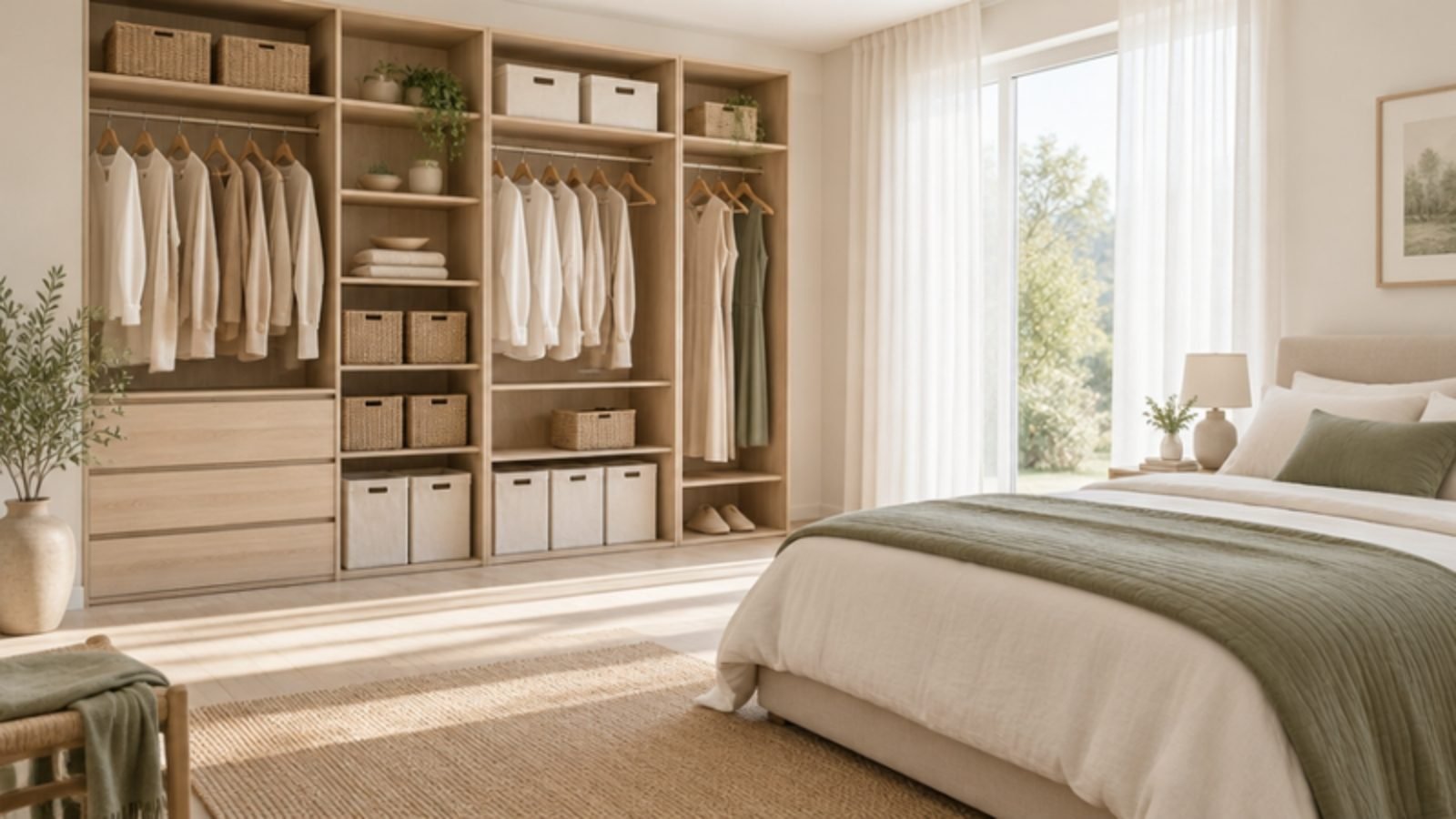 Bedroom with an organized open closet