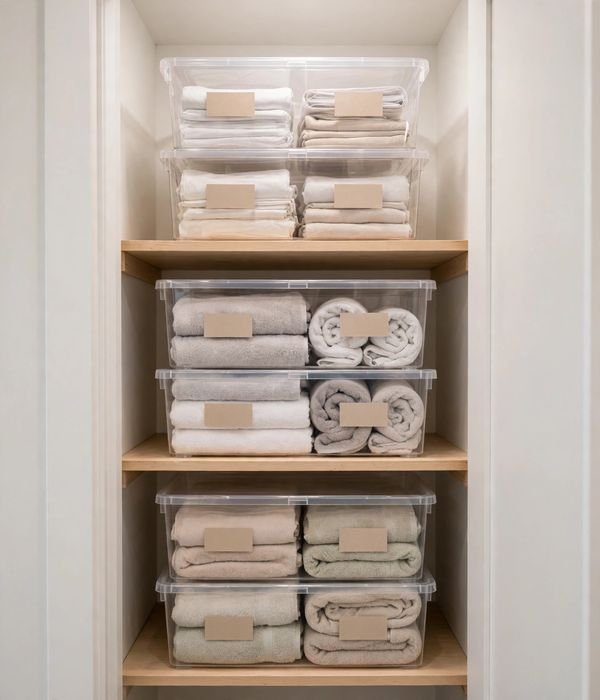 30 Bathroom Storage Ideas for Small and Large Bathrooms 21 Clear stackable bins in linen closet – bathroom storage ideas