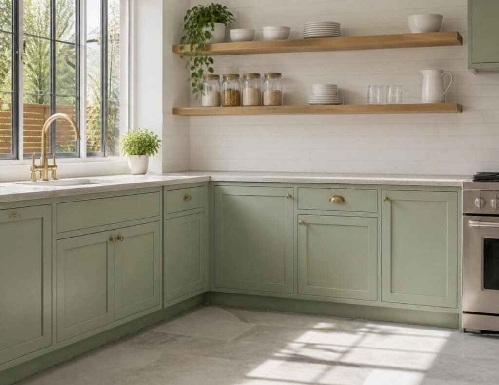 Shelves vs Cabinets: Which Storage Works Best for Small Spaces? 4 Closed sage green kitchen cabinets with clear countertops