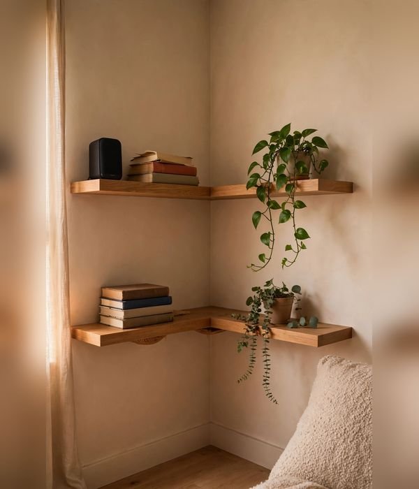 Corner Floating Shelves – living room storage ideas