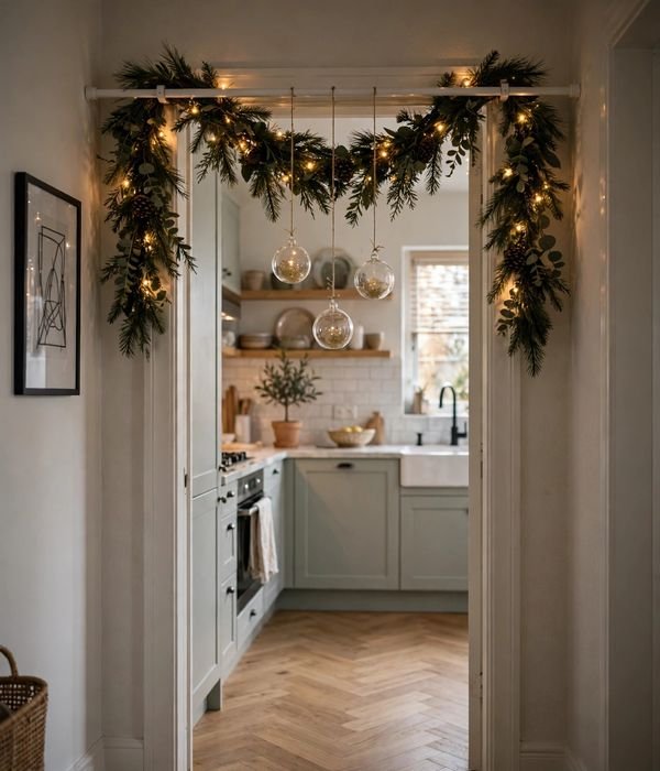 10 Christmas Kitchen Decor Ideas That Don't Clutter Counters 11 Doorway Garland on a Tension Rod