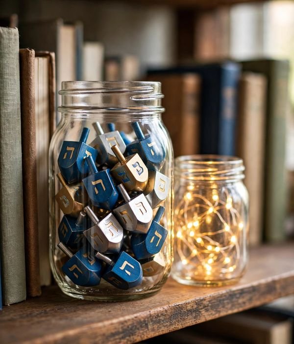 Dreidels in Small Jars and Bowls