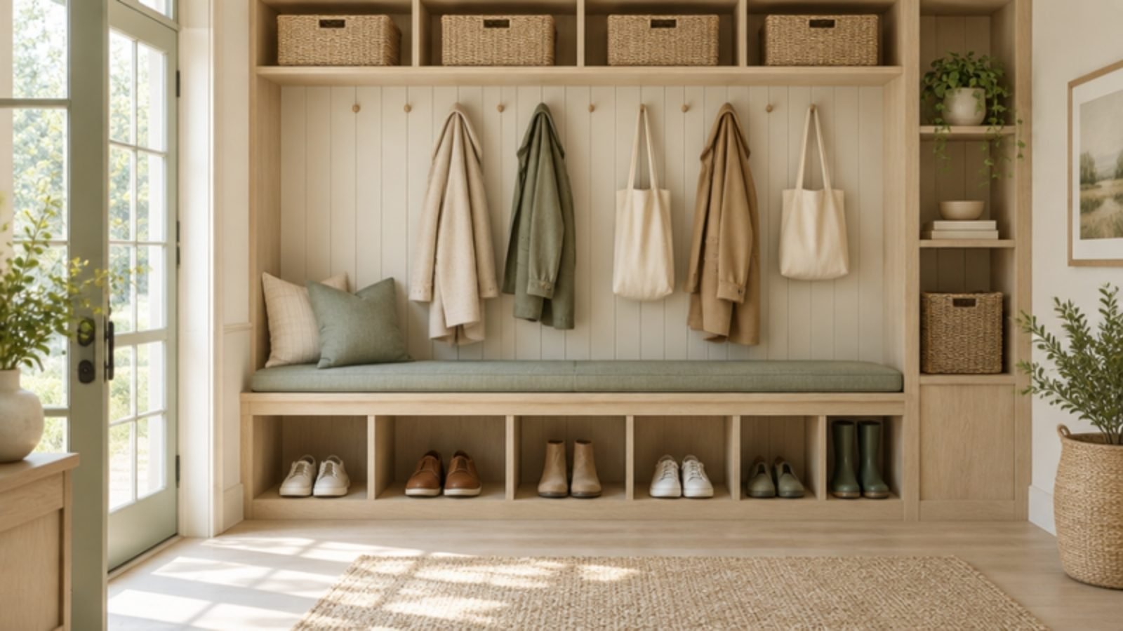 Entryway mudroom bench with hooks and shoe storage